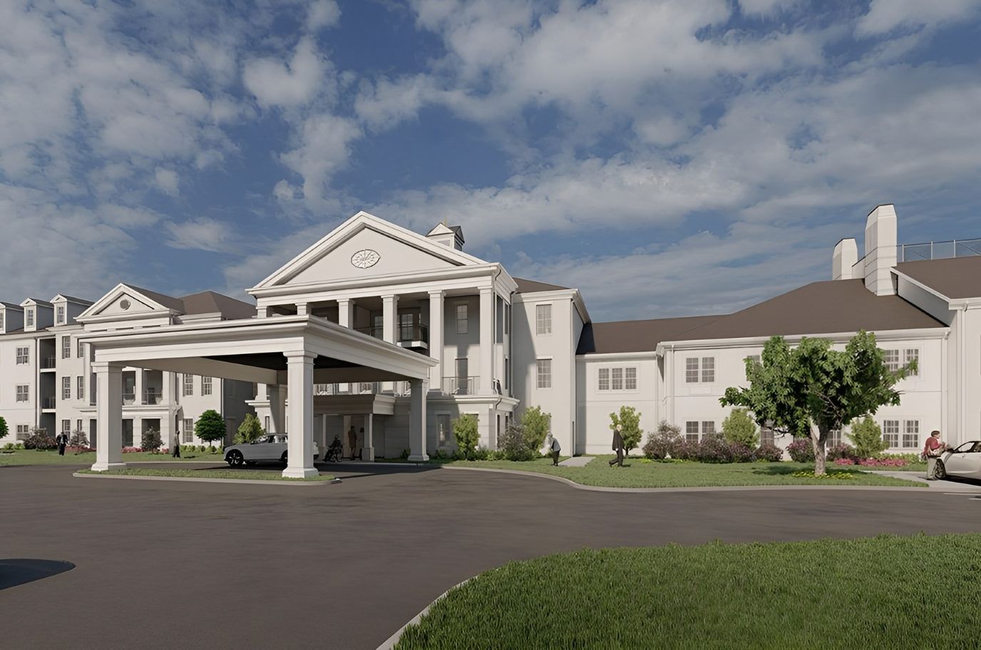 Exterior view of a senior living facility with entrance.