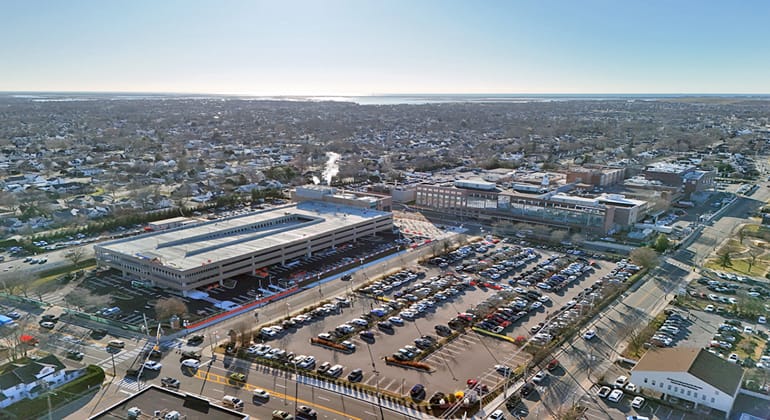 Aerial view of the facility and parking lot