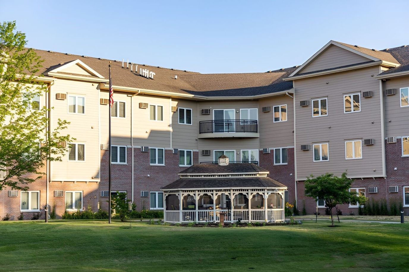 Exterior view of Luther Park Apartments with gazebo