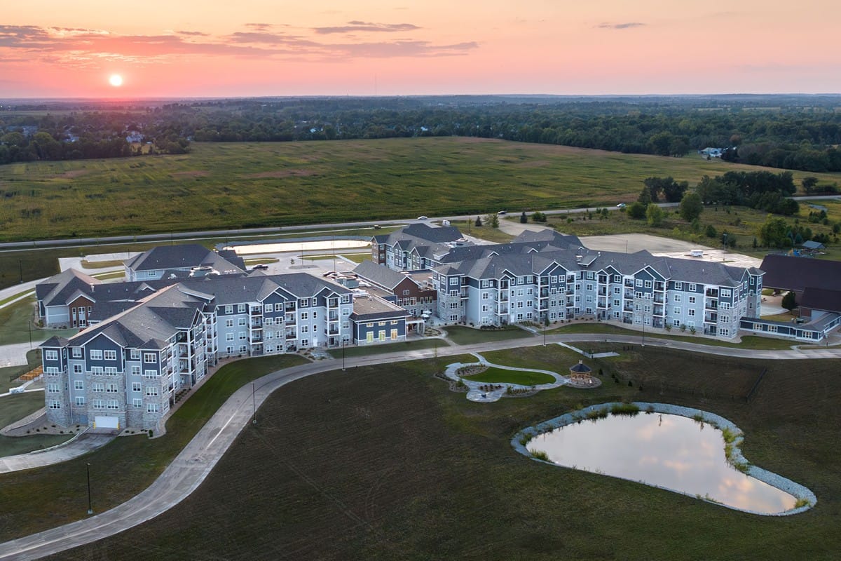 Aerial view of HallMar Village with sunset