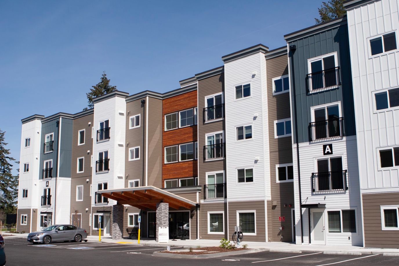 Exterior view of a modern assisted living facility
