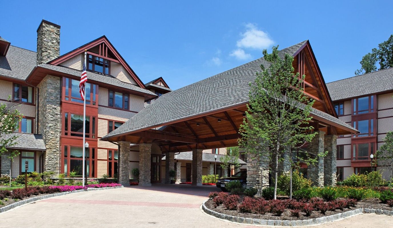 Front entrance of Fox Hill Residences with landscaped gardens