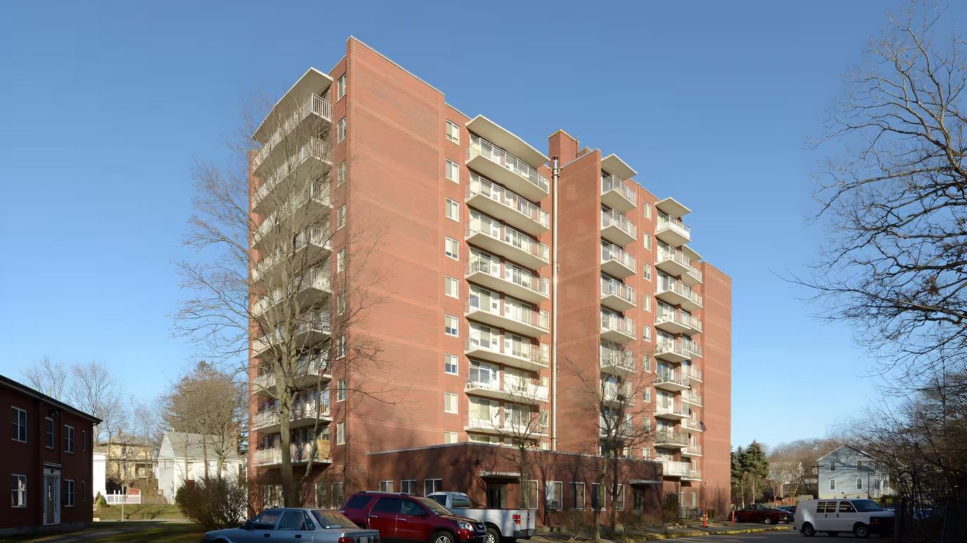 Exterior view of Sawyer Towers apartment building
