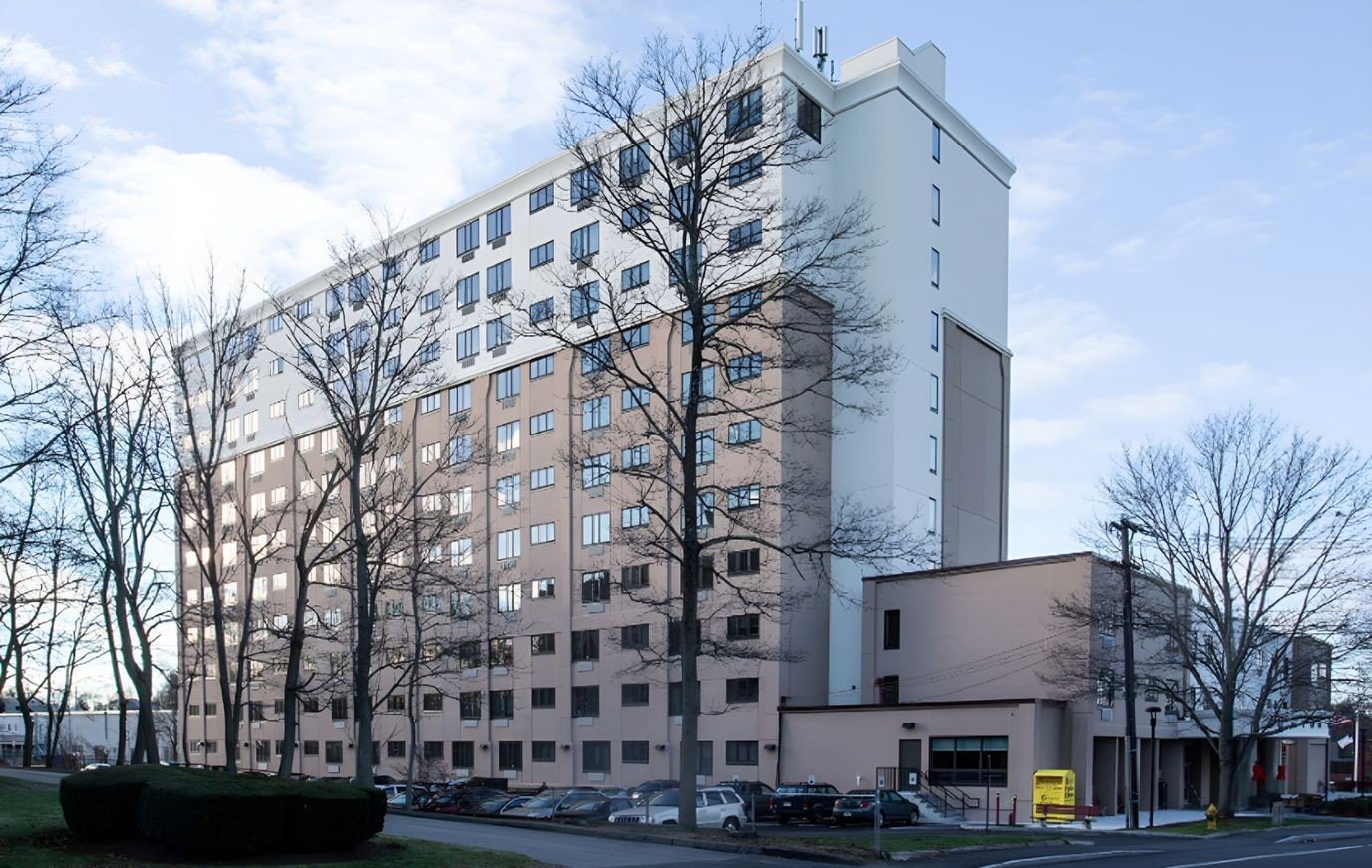 Exterior view of Union Towers assisted living facility