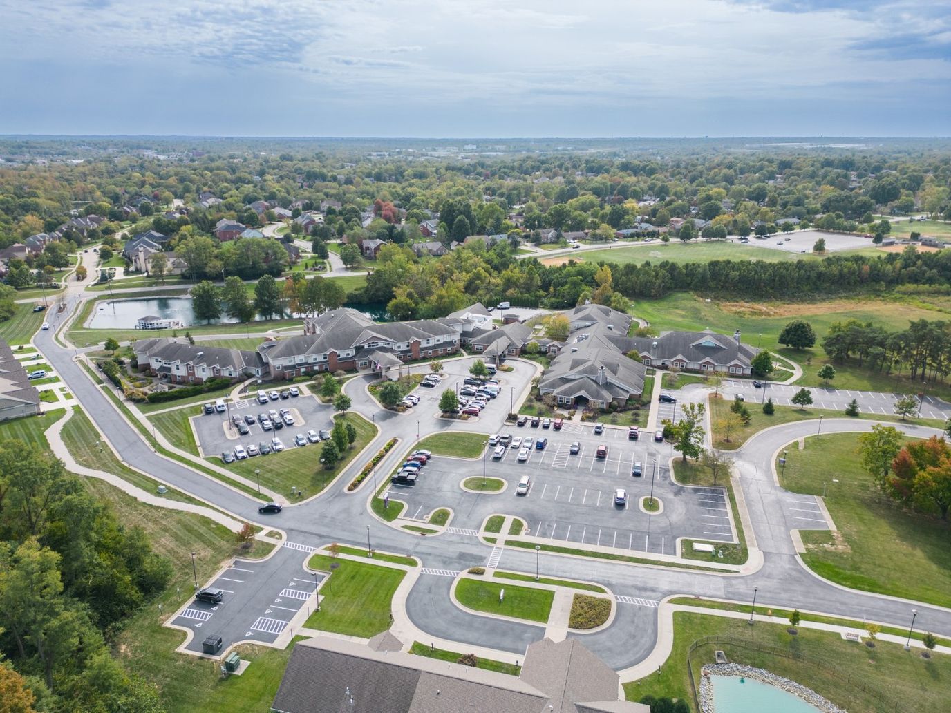 Aerial view of Madonna Manor's campus and surroundings