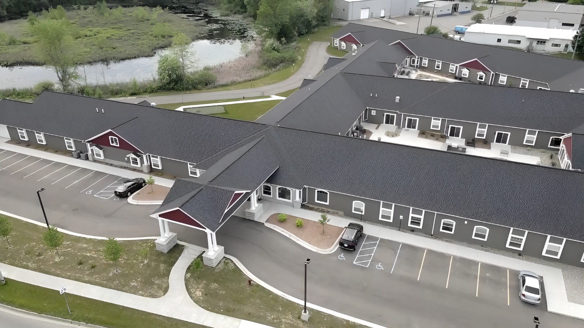Aerial view of the Hampton Manor facility with surrounding landscaping