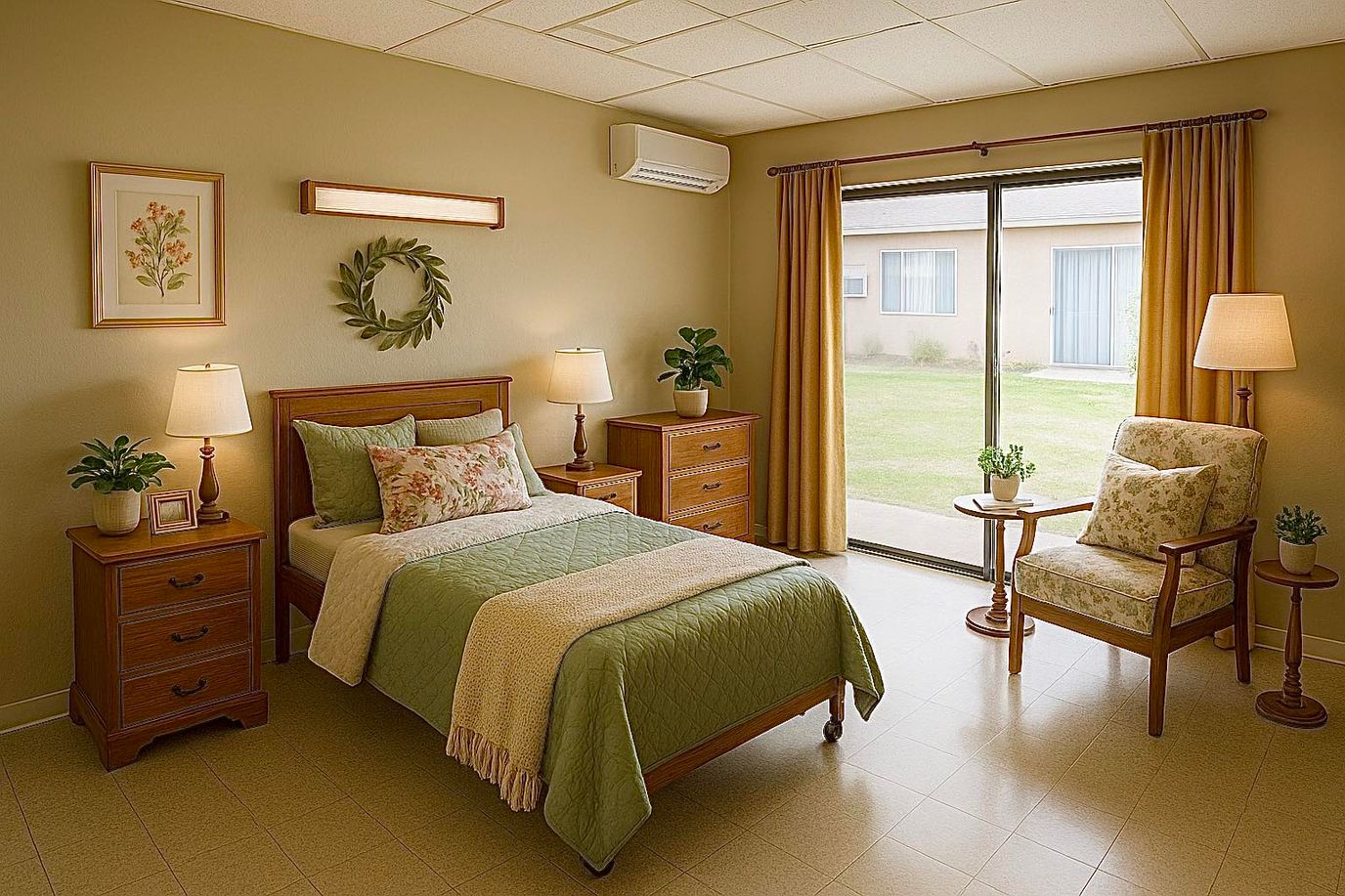 Cozy private resident room with a bed and chair