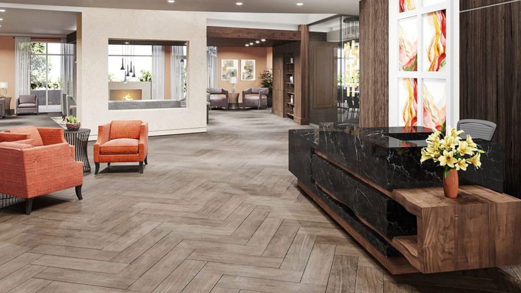 Stylish lobby interior of a senior living facility