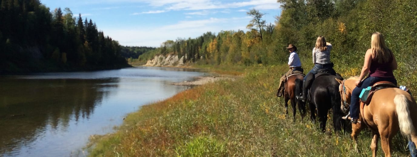 People horseback riding along a riverbank