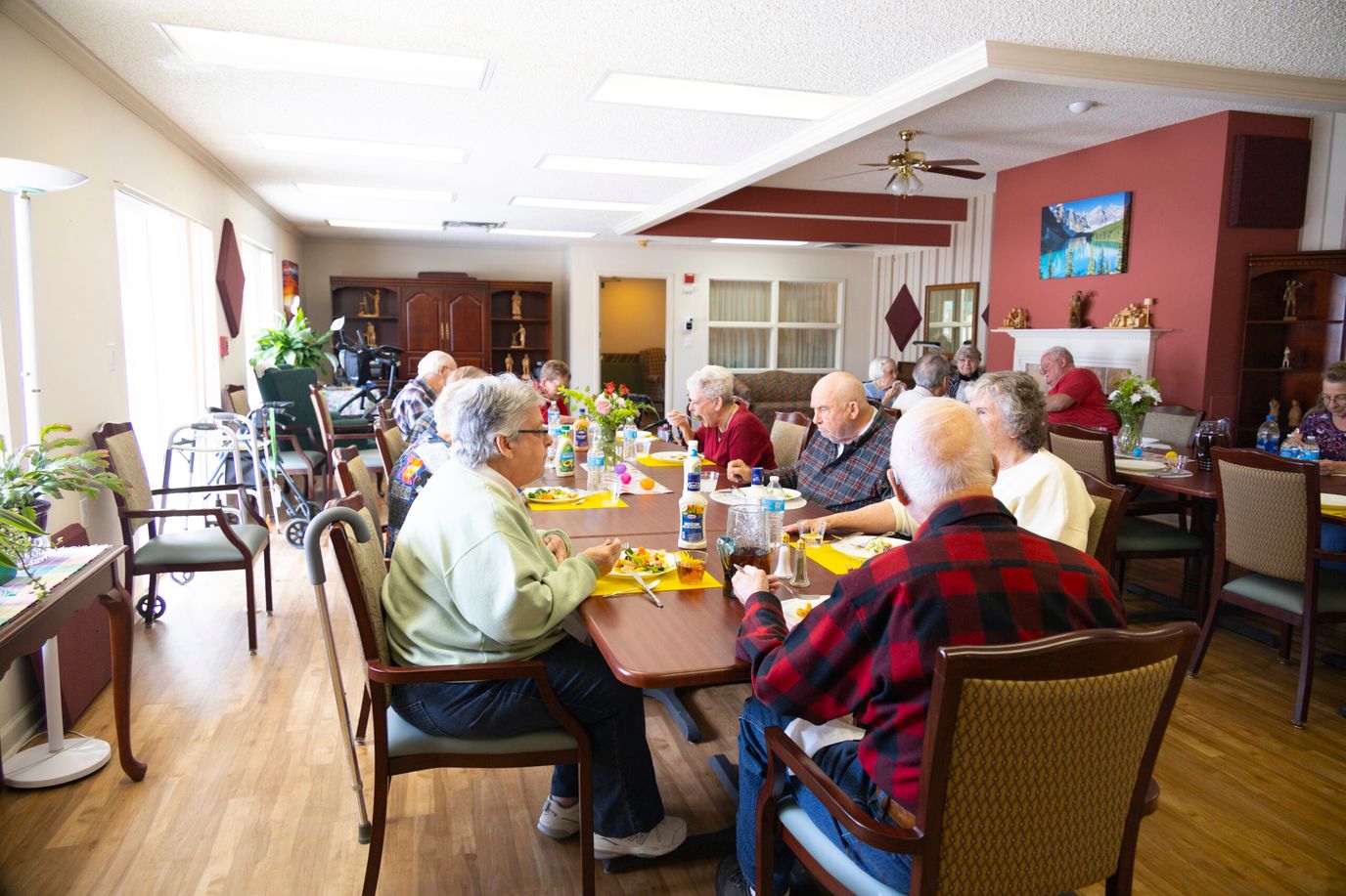 Residents enjoying a meal in the dining room