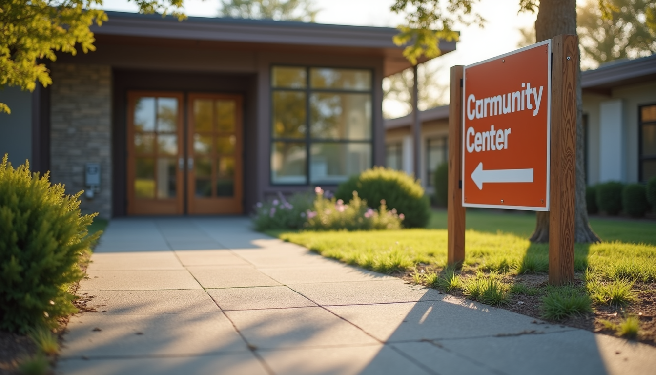 Exterior view of the community center with sign