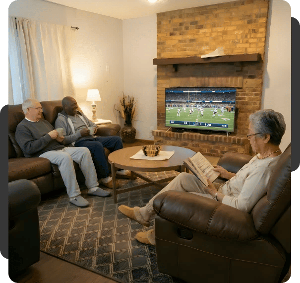 Residents enjoying a cozy living room while watching football