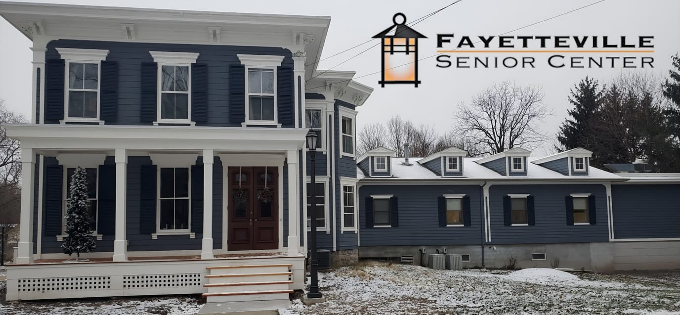 Logo and exterior view of Fayetteville Senior Center