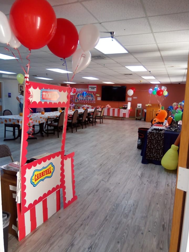 Interior view of a decorated activity room for a carnival event