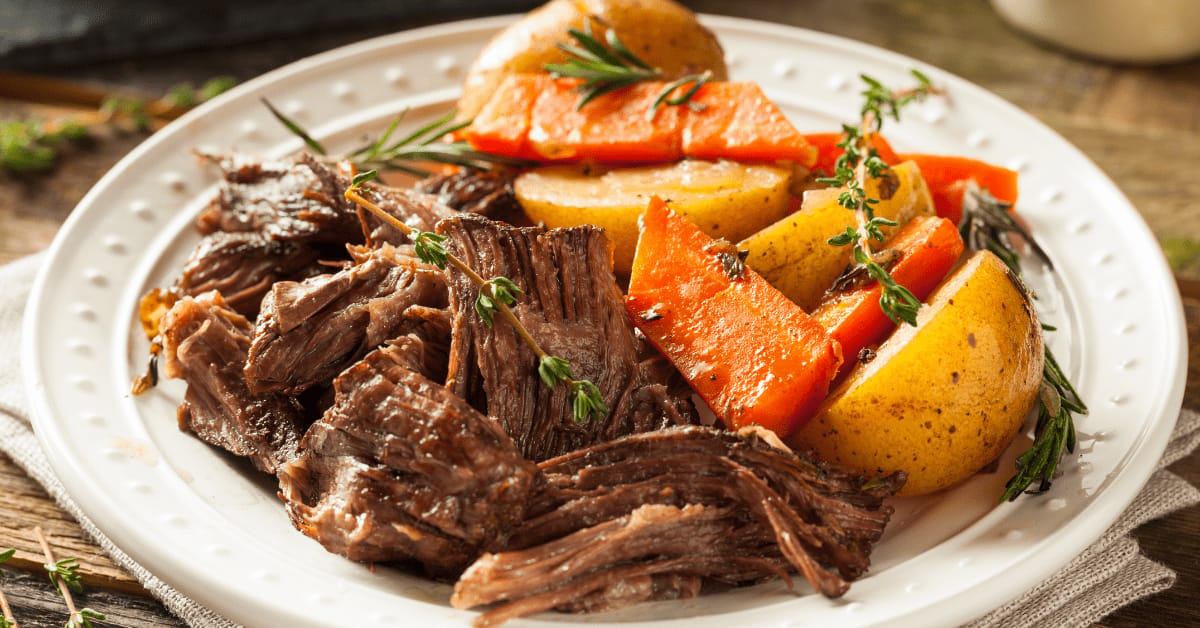 Plate of roast beef with vegetables