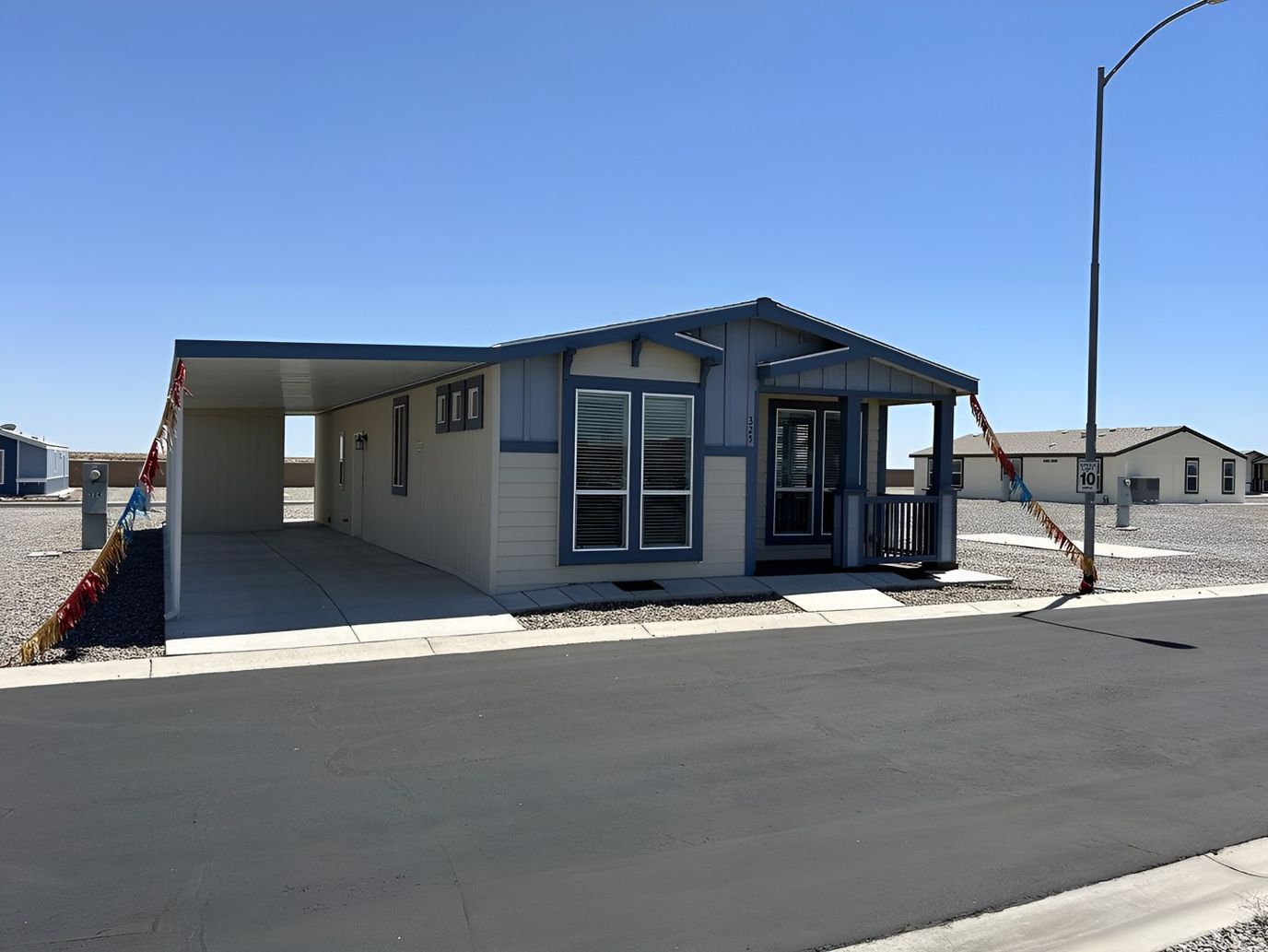 Exterior view of a mobile home in a senior community