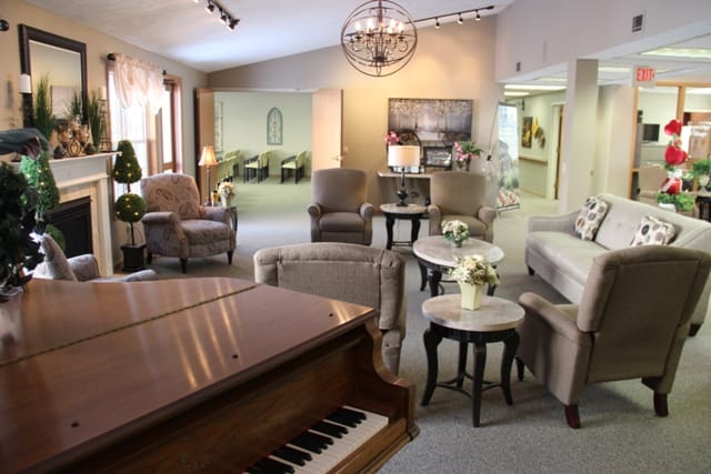 Bright common area with seating and decorative elements