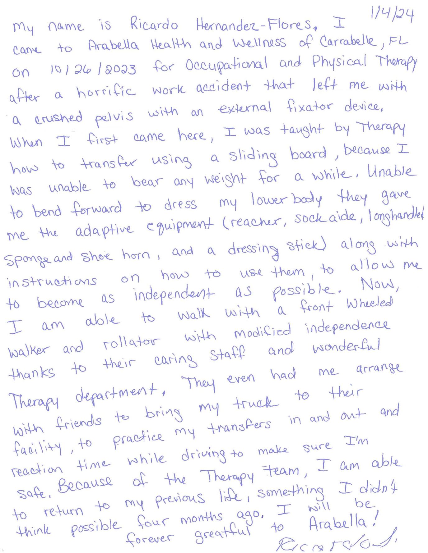 Handwritten letter from a resident about their experience