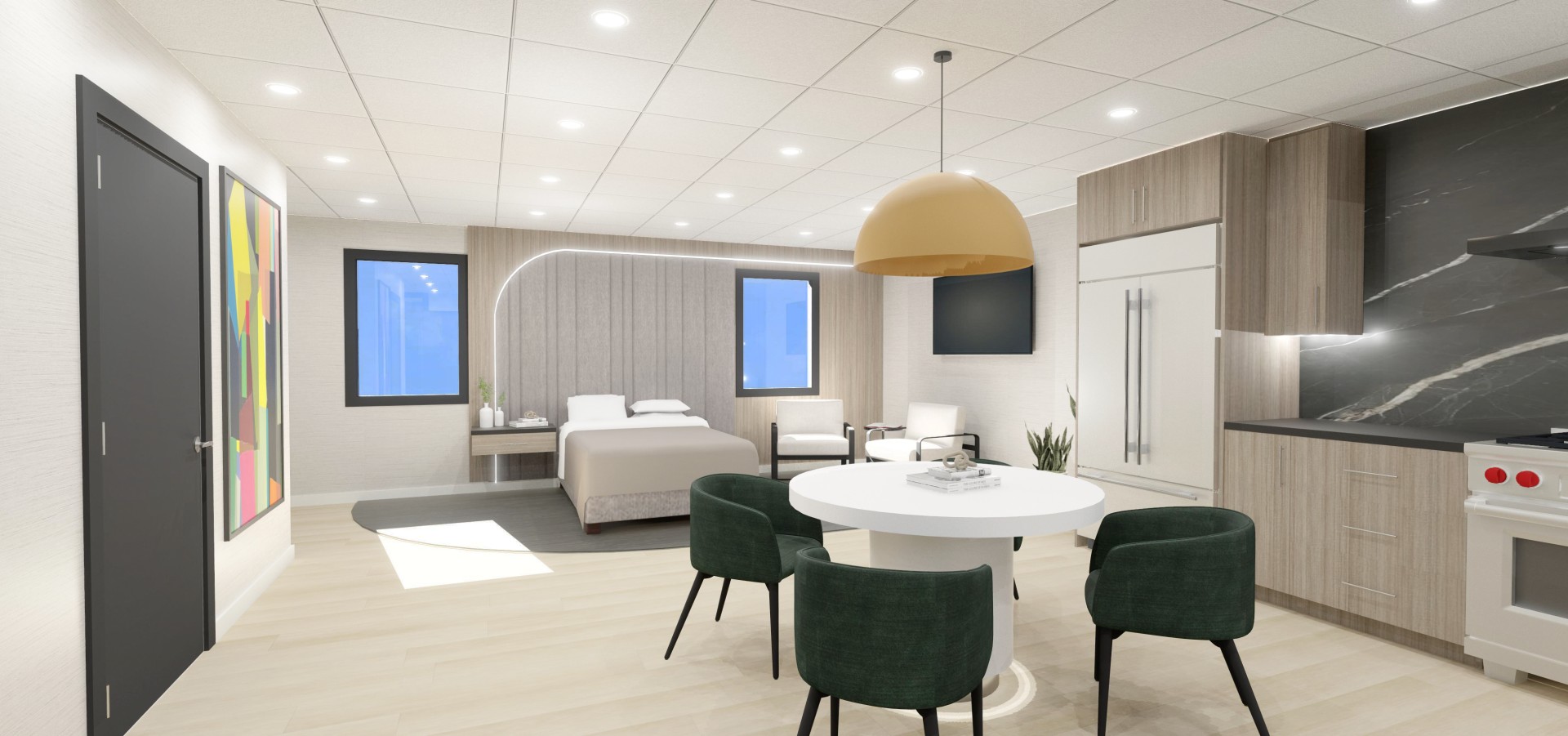 Bright interior of a modern resident room with a dining area
