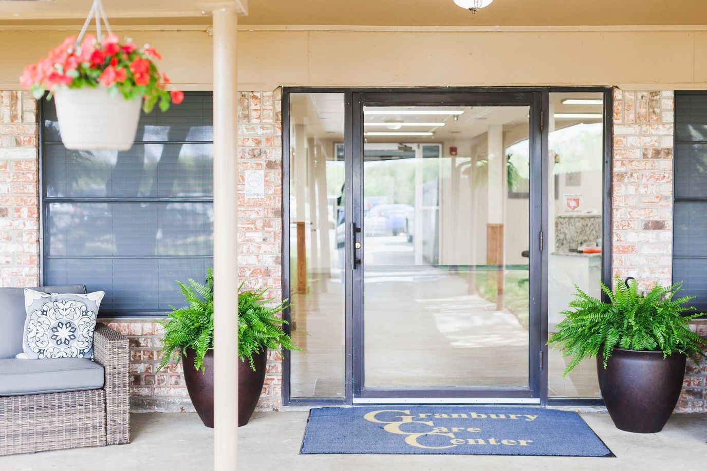 Entrance to Granbury Care Center with welcoming decor
