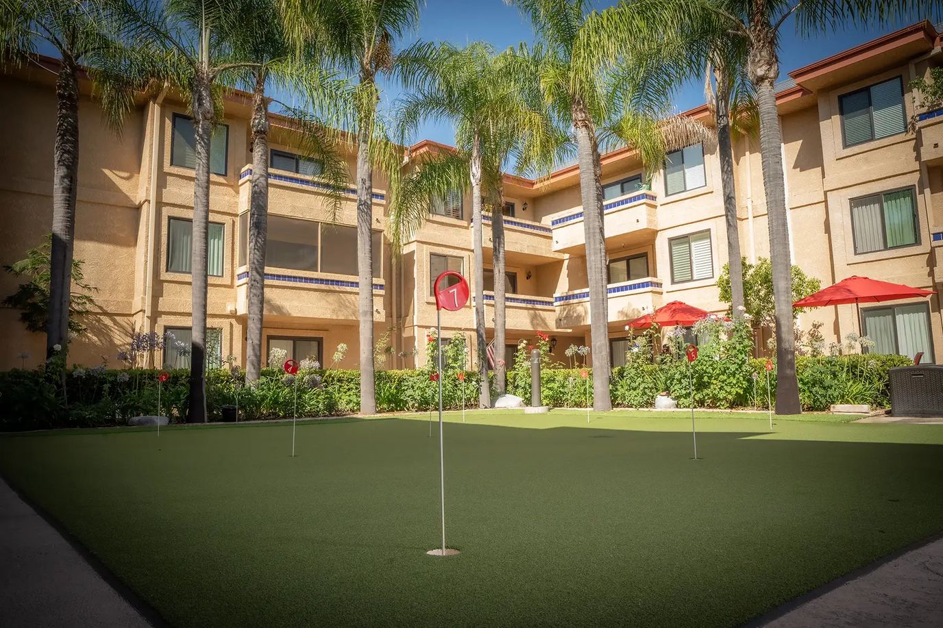 Outdoor putting green surrounded by palm trees