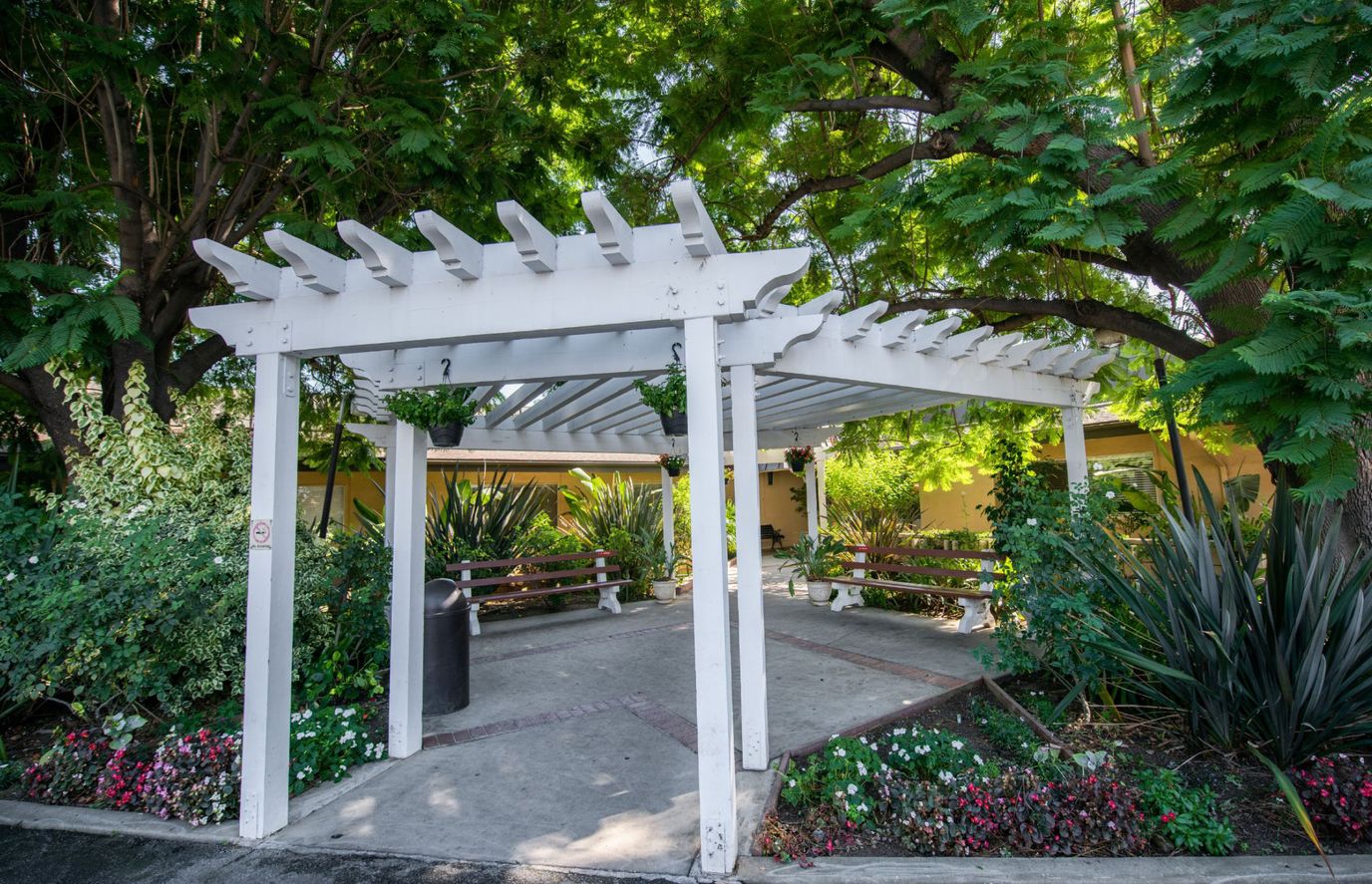 Outdoor shaded seating area with benches and plants