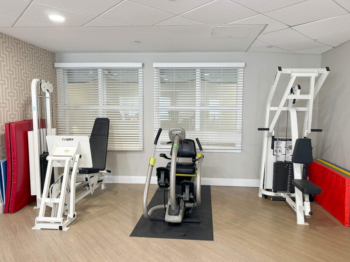 Exercise equipment in a fitness room for seniors