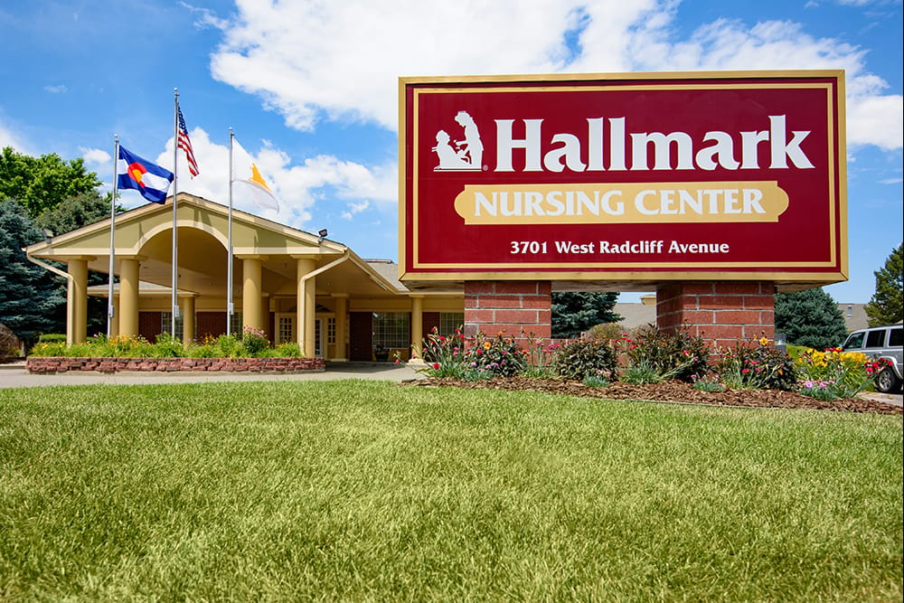 Exterior view of Hallmark Nursing Center with signage