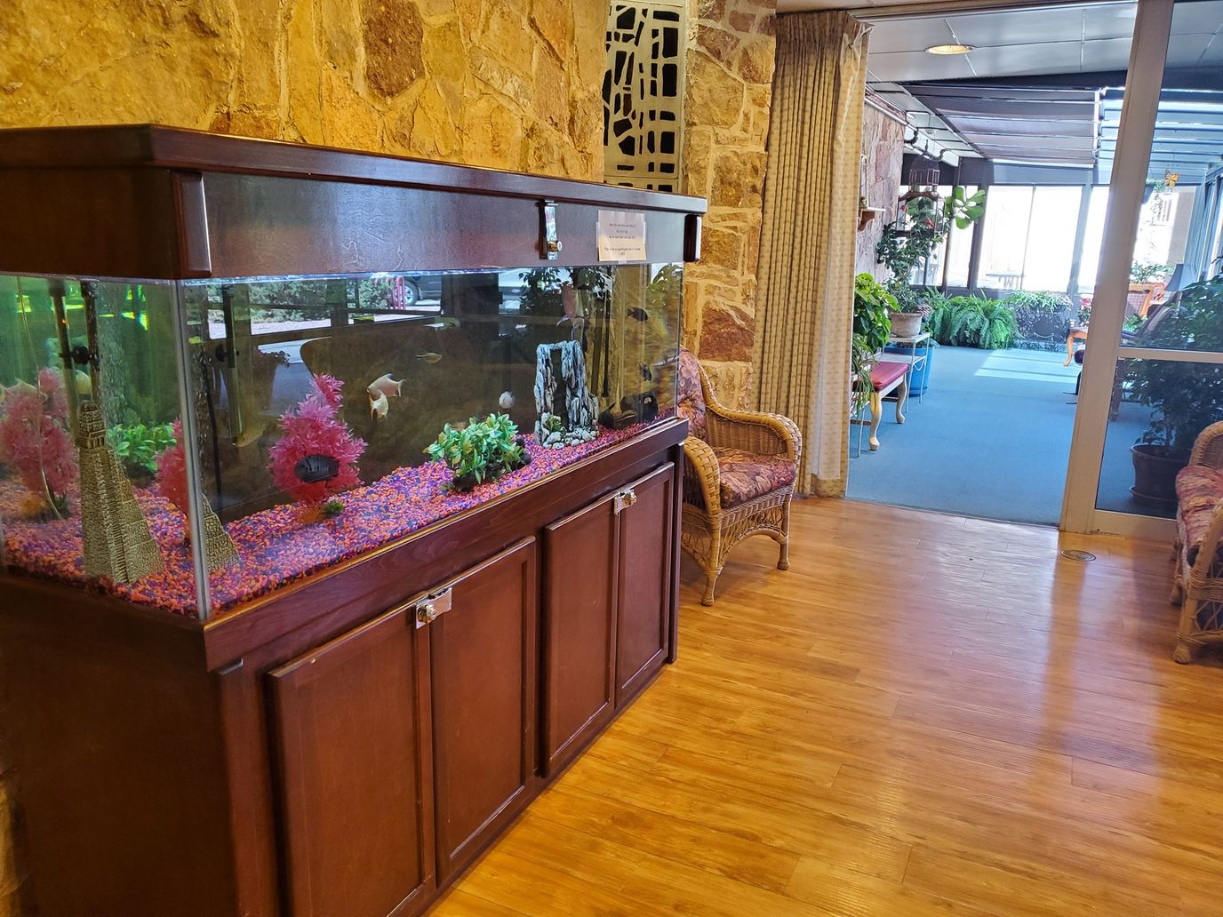 Interior view of a common area with an aquarium