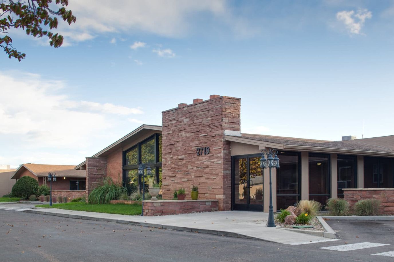 Exterior view of a senior living facility entrance