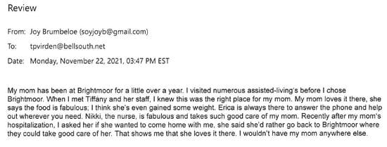 Email review about Brightmoor assisted living experience