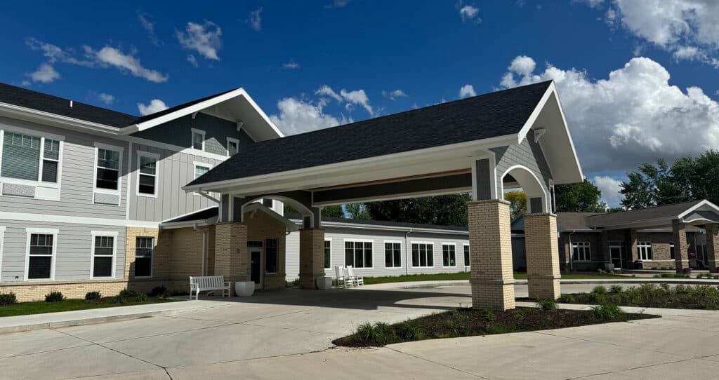 Front entrance of a modern senior living facility