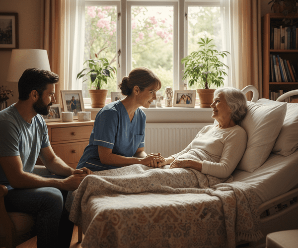 Staff interacting with a resident in a cozy room