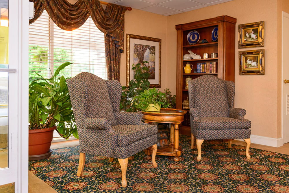 Cozy common area with chairs and plants