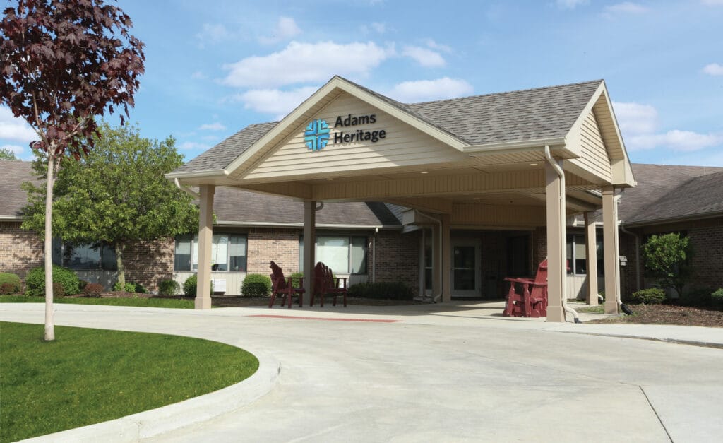 Front entrance of Adams Heritage assisted living facility