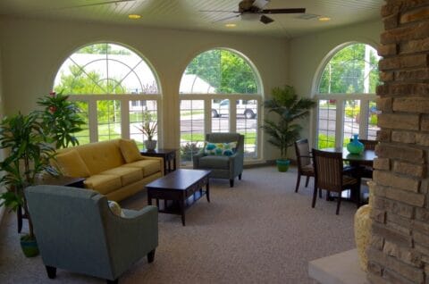 Bright interior lounge area with large windows
