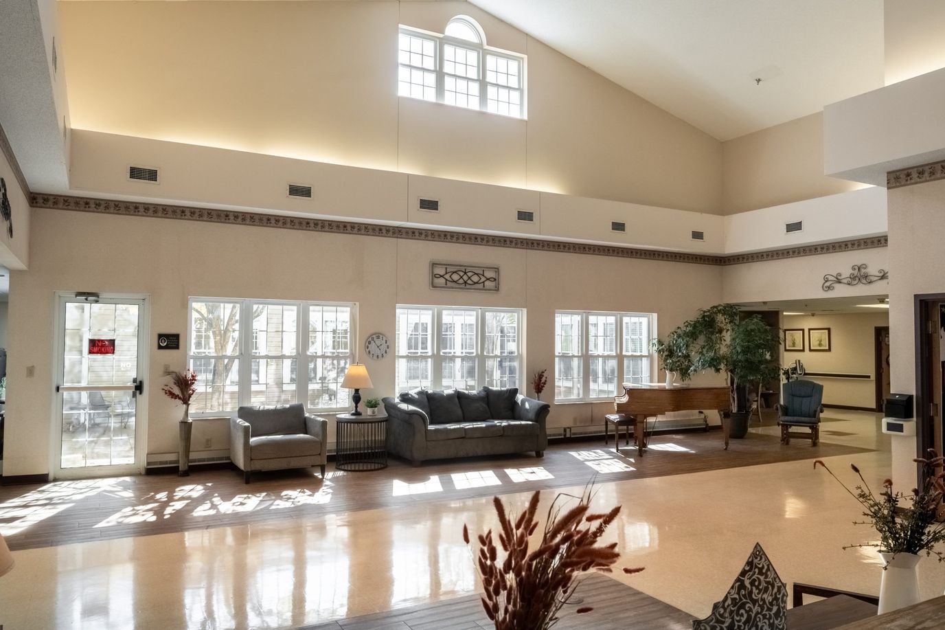 Bright interior common area with comfortable seating