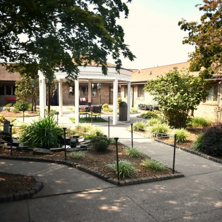 Outdoor space with seating areas and landscaping