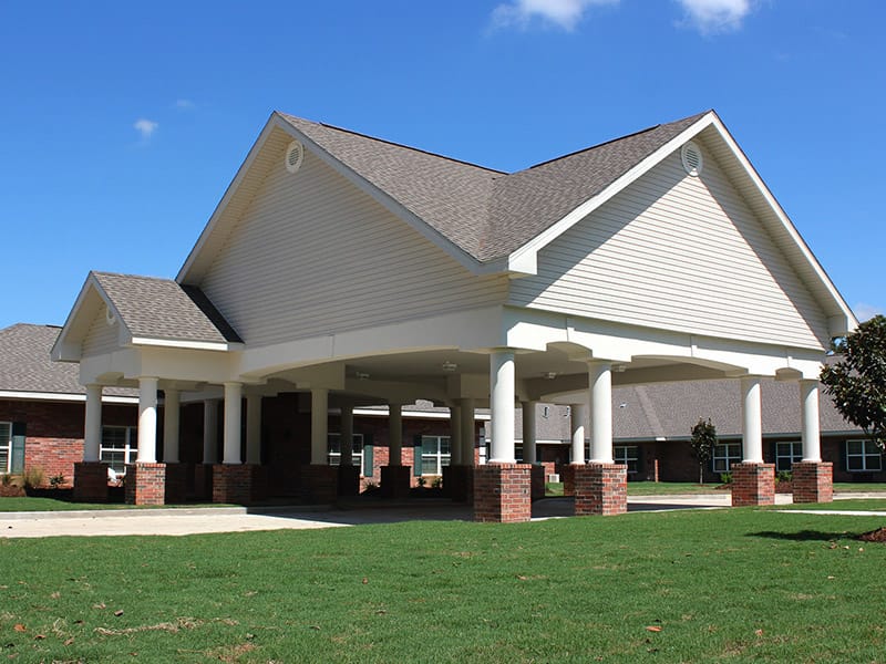 Exterior view of a senior living facility entrance