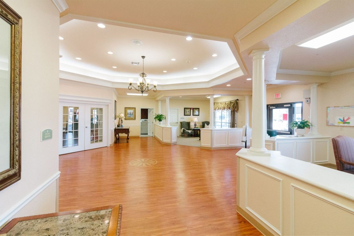 Bright common area with seating and décor