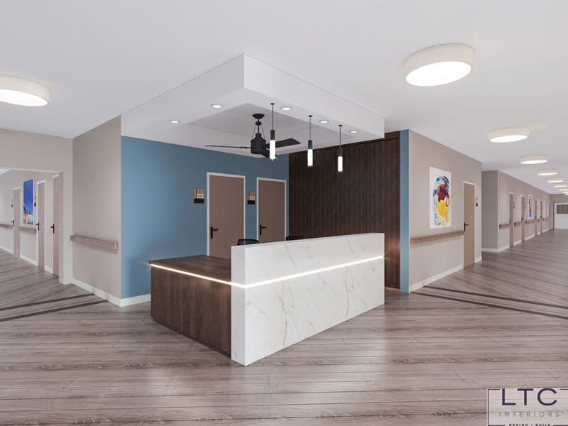 Bright and modern reception area of a senior living facility