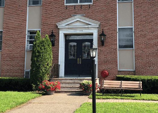 Exterior view of a senior living facility entrance
