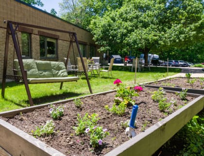 Outdoor garden space with flowers and seating