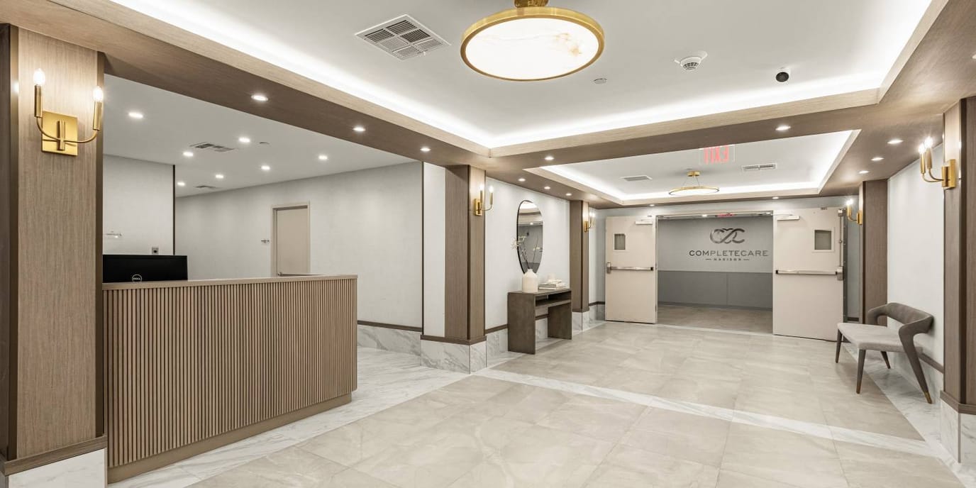 Bright, modern lobby area with reception desk