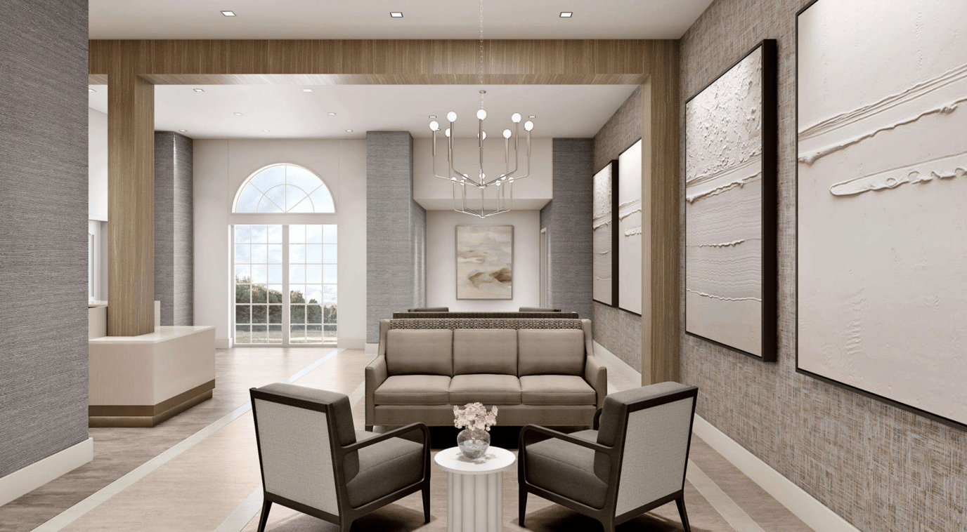 Bright interior of a modern lobby with seating