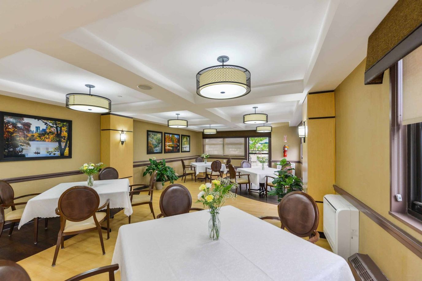 Bright dining room with tables and plants