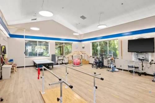 Rehabilitation gym with exercise equipment and railings