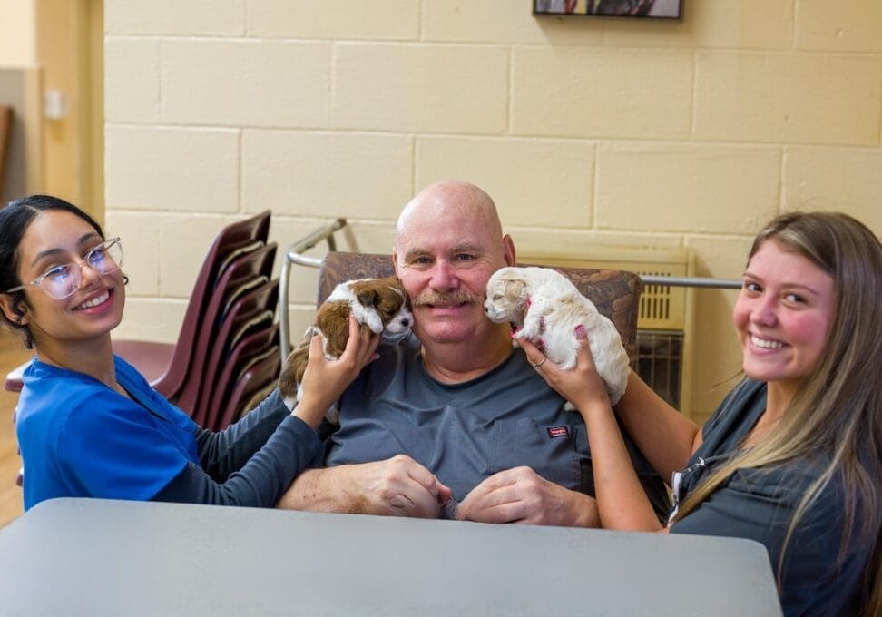 Residents interacting with staff and puppies indoors.