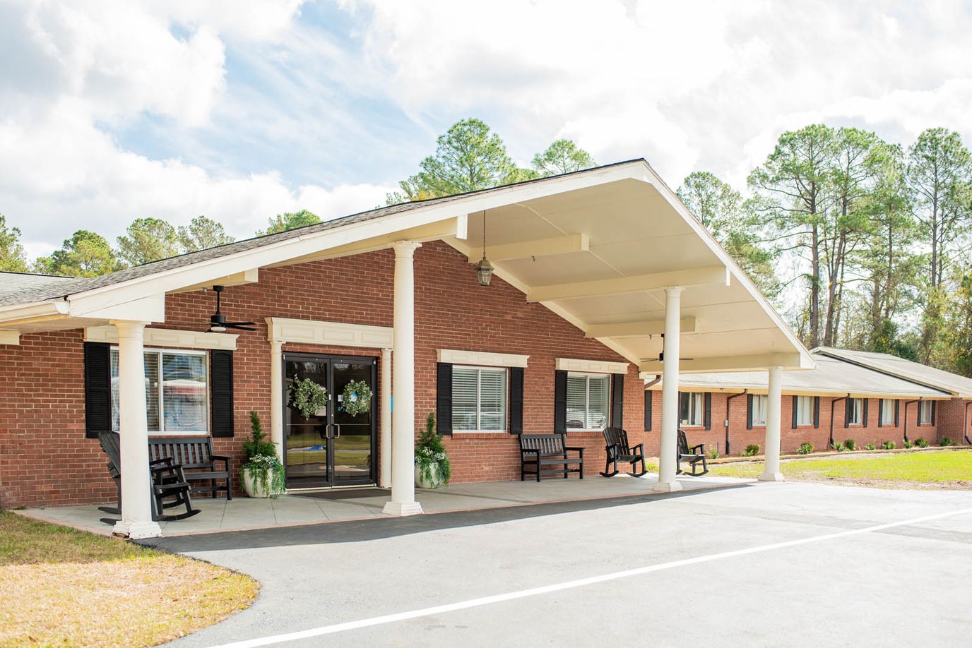 Exterior view of a senior living facility entrance