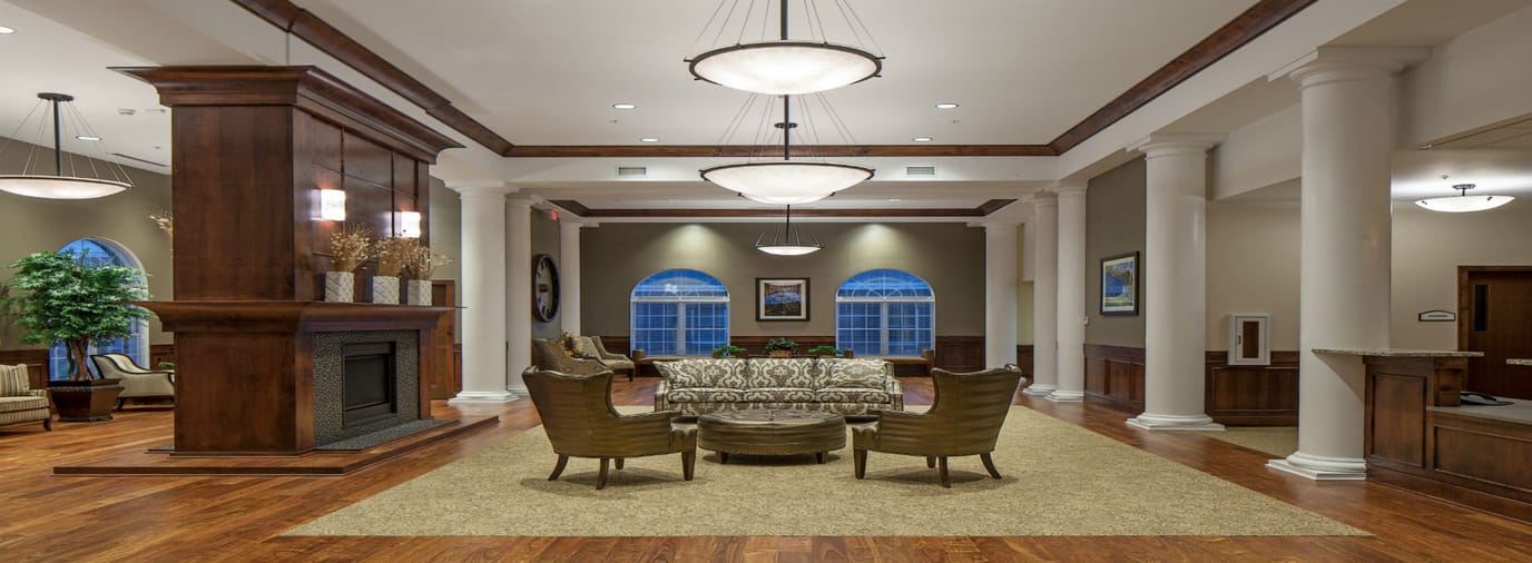 Bright lobby area with elegant seating and decor